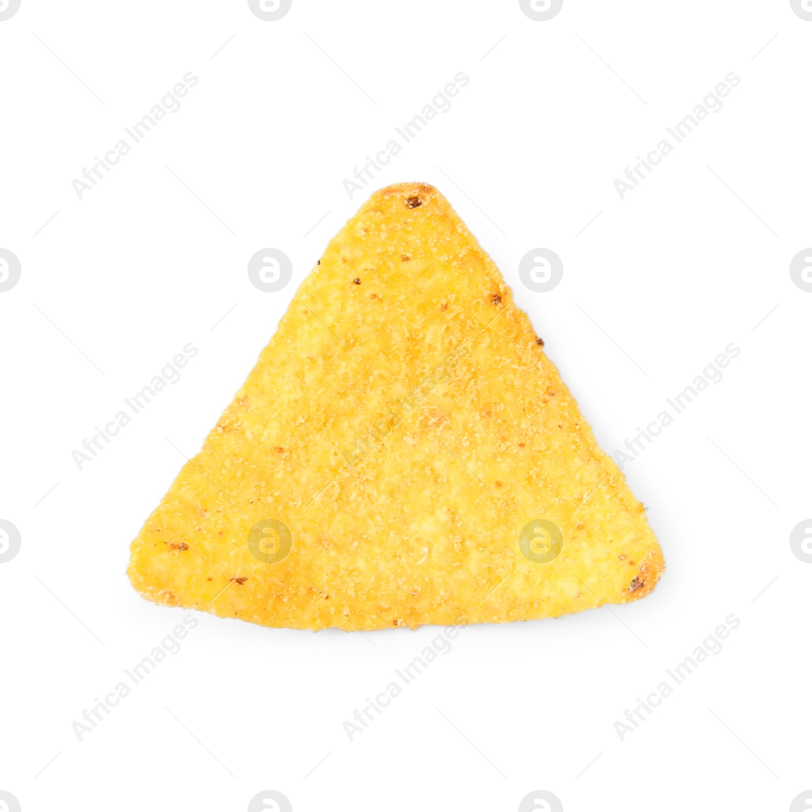 Photo of Tasty Mexican nacho chip on white background, top view