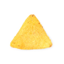 Tasty Mexican nacho chip on white background, top view