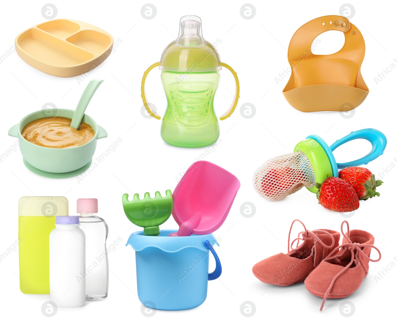 Image of Set with different stuff for baby on white background