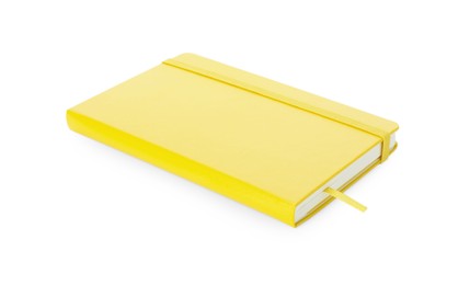 Photo of Closed notebook with blank yellow cover isolated on white