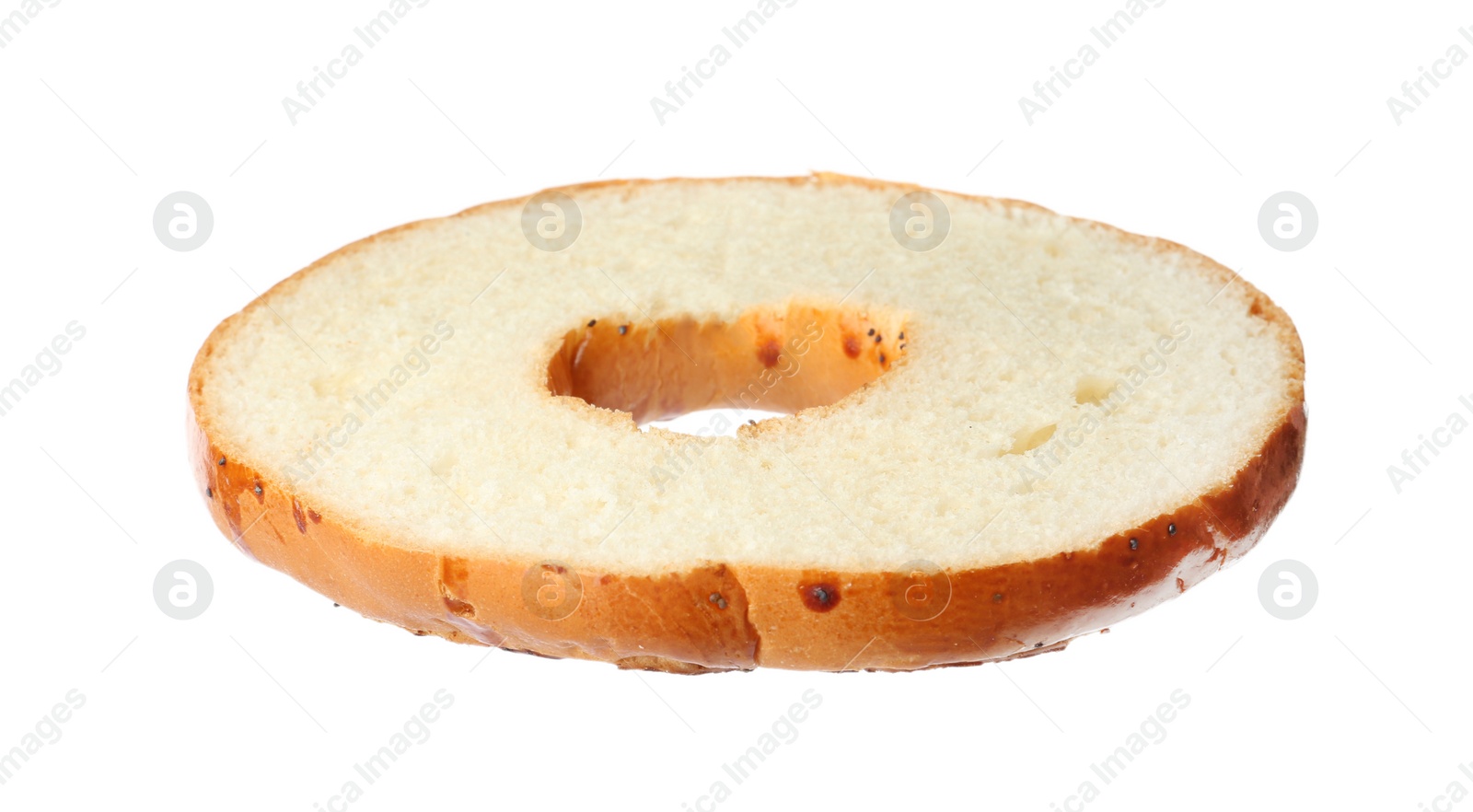 Photo of Half of delicious fresh bagel isolated on white