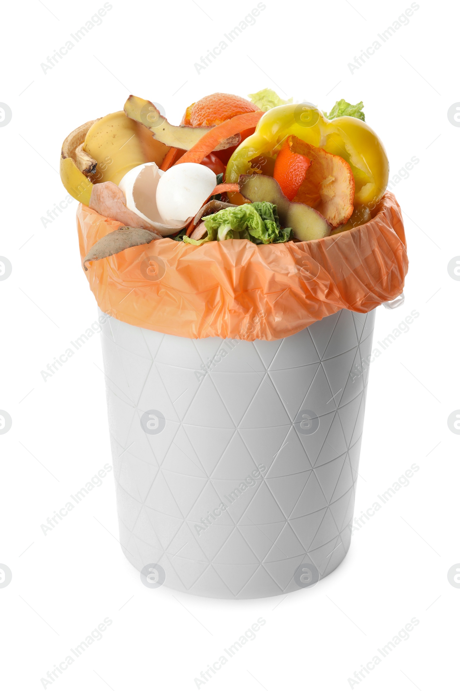 Photo of Trash bin with organic waste for composting on white background