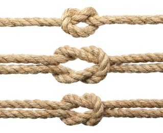 Image of Set of hemp ropes with knots on white background, closeup