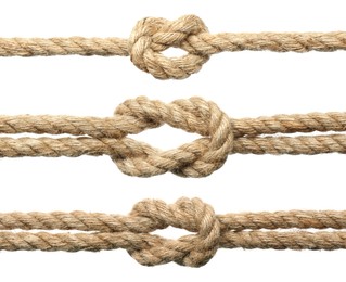 Set of hemp ropes with knots on white background, closeup