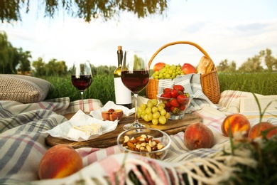 Photo of Picnic blanket with delicious food and wine on green grass