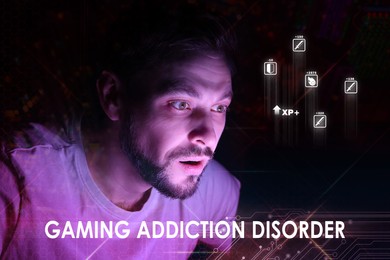 Image of Gaming addiction disorder. Man using computer at night. Game icons and circuit board pattern
