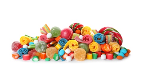 Photo of Many different yummy candies on white background