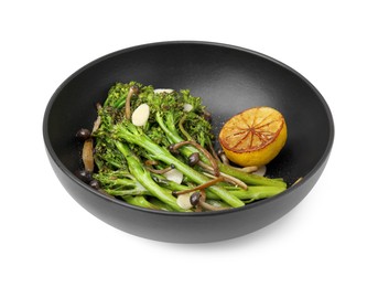 Photo of Tasty cooked broccolini with lemon and mushrooms isolated on white