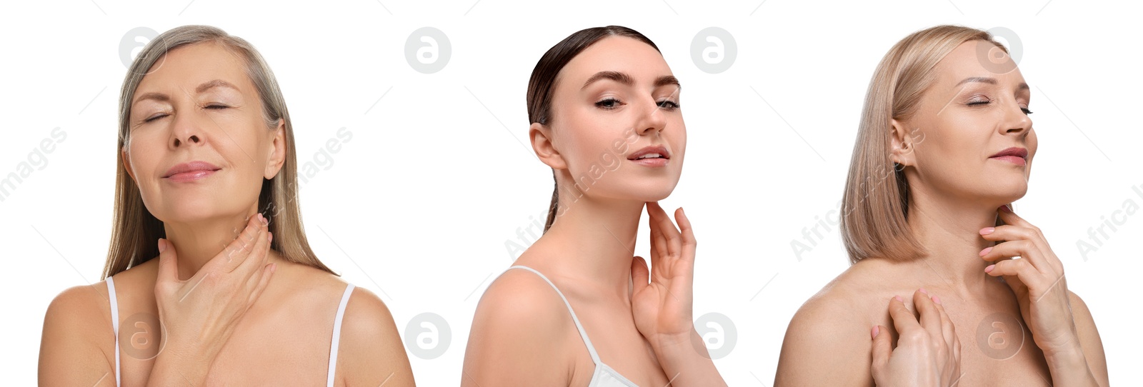 Image of Women touching their necks on white background, set of photos