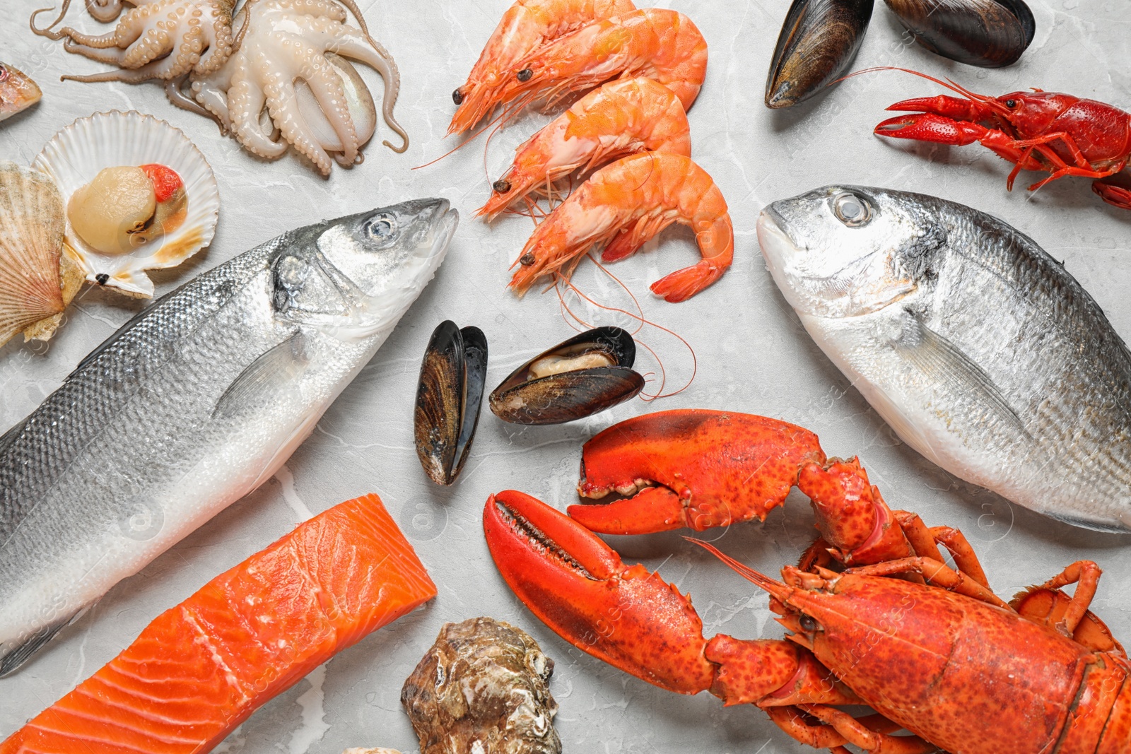 Photo of Fresh fish and seafood on marble table, flat lay