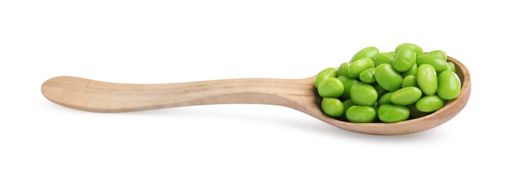 Spoon with fresh edamame soybeans on white background