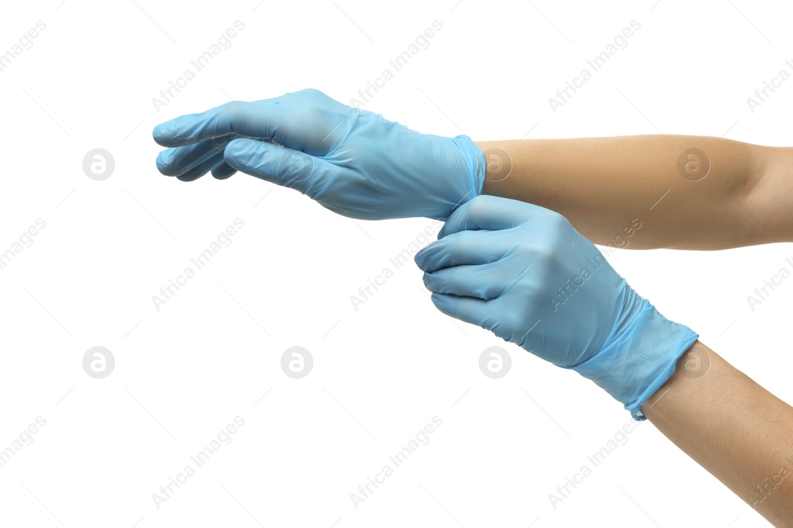 Photo of Doctor wearing light blue medical gloves on white background, closeup