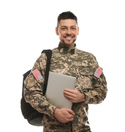Photo of Cadet with backpack and laptop isolated on white. Military education