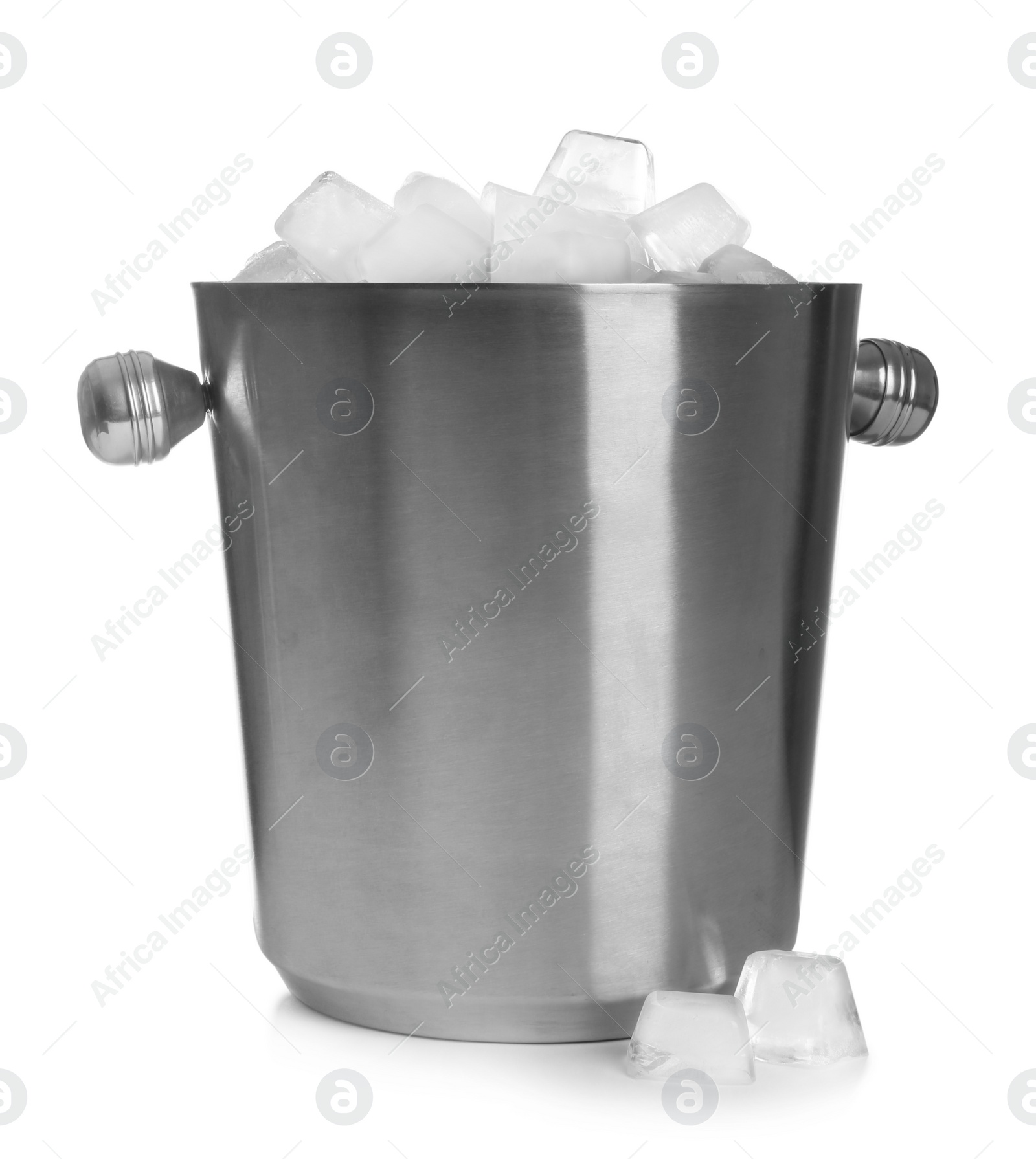 Photo of Metal bucket with ice cubes on white background