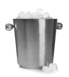 Metal bucket with ice cubes on white background