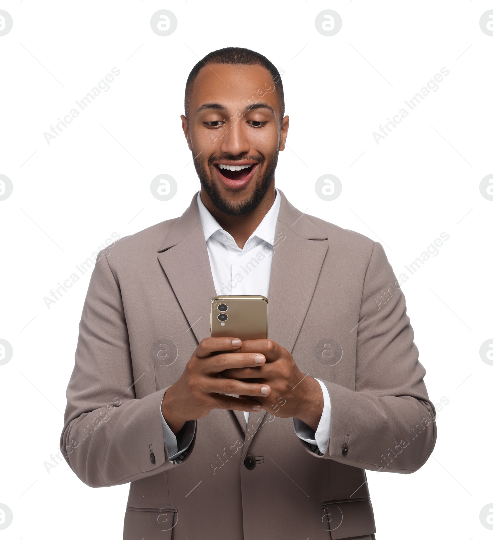 Photo of Happy man sending message via smartphone on white background