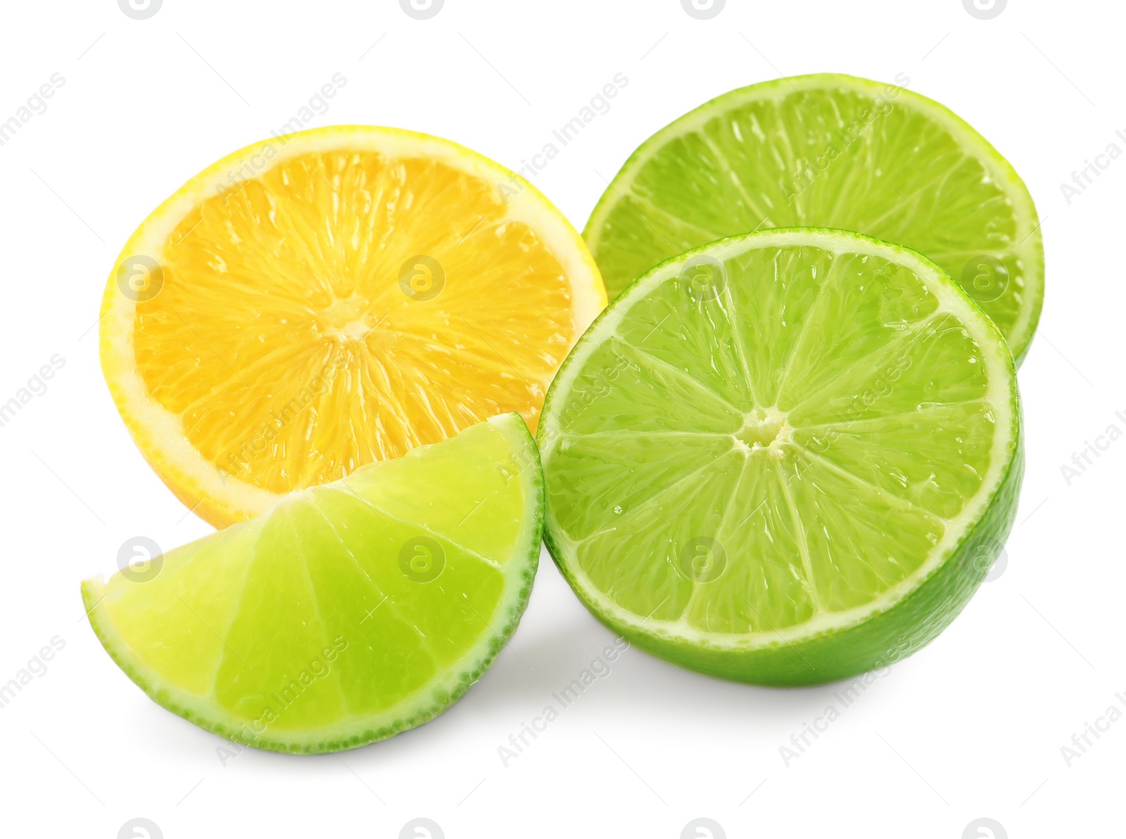 Photo of Cut fresh ripe lemon and lime on white background