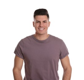 Photo of Portrait of happy man on white background. Personality concept