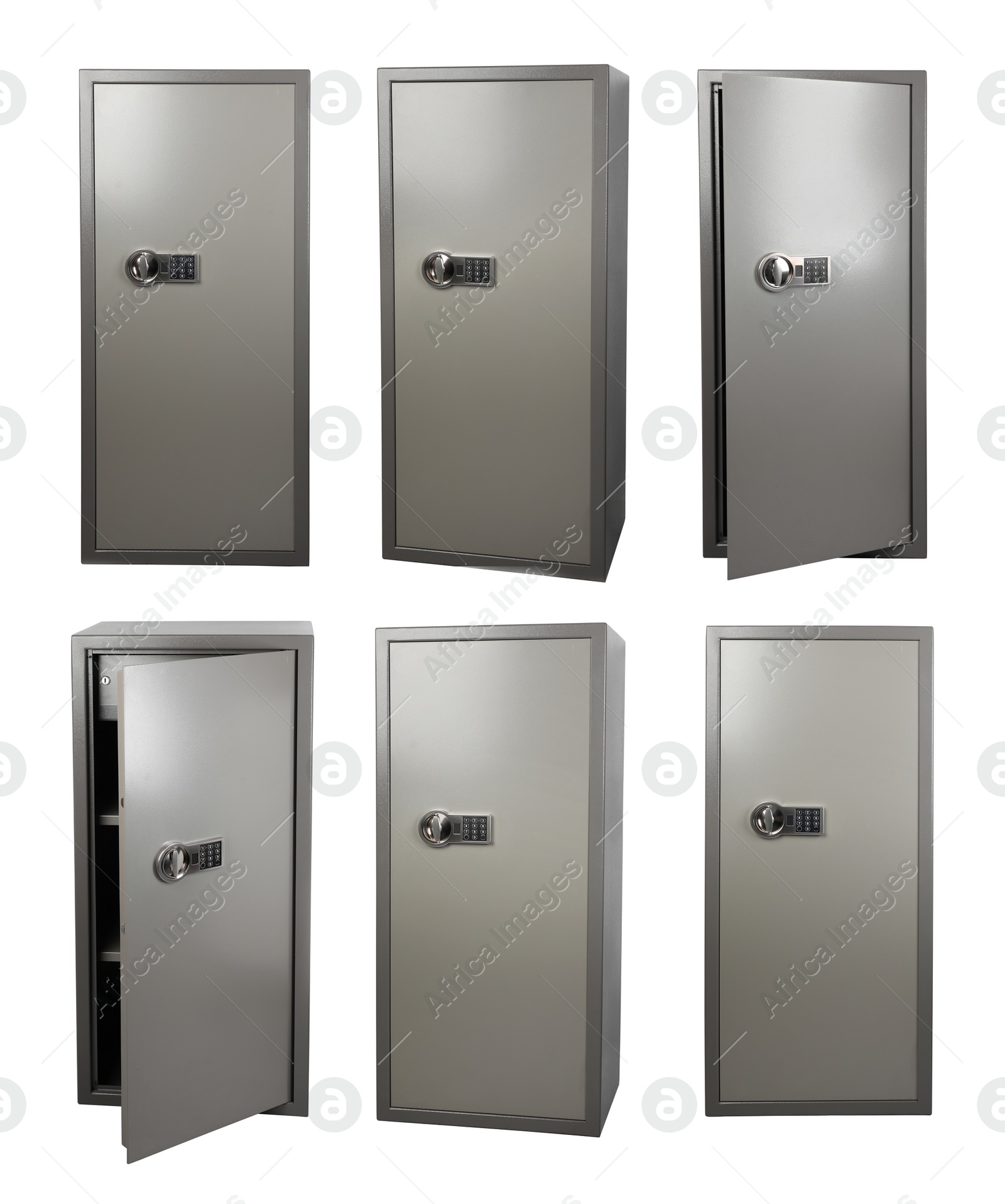 Image of Set of steel safes on white background