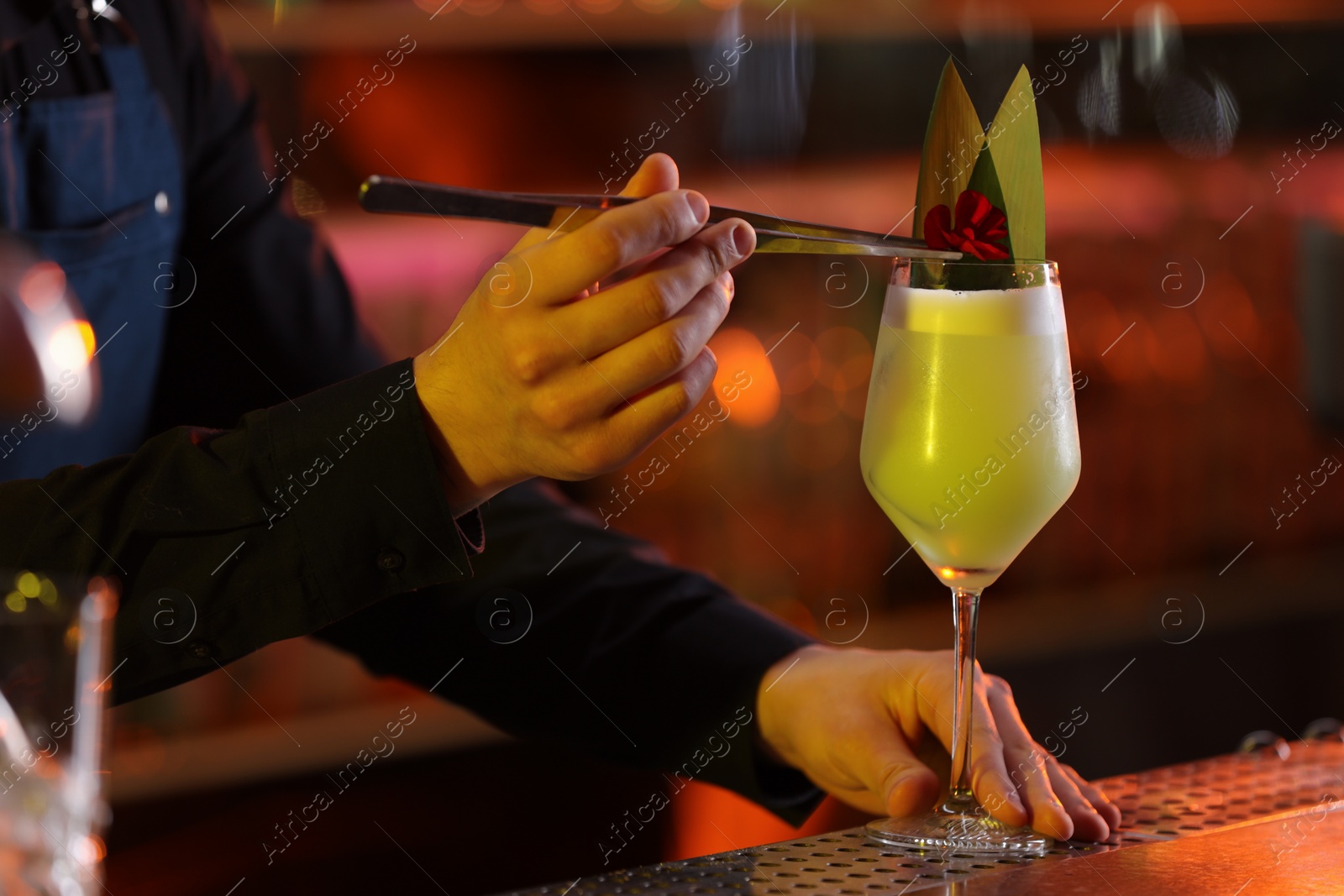 Photo of Bartender decorating fresh alcoholic cocktail with flower at bar counter, closeup