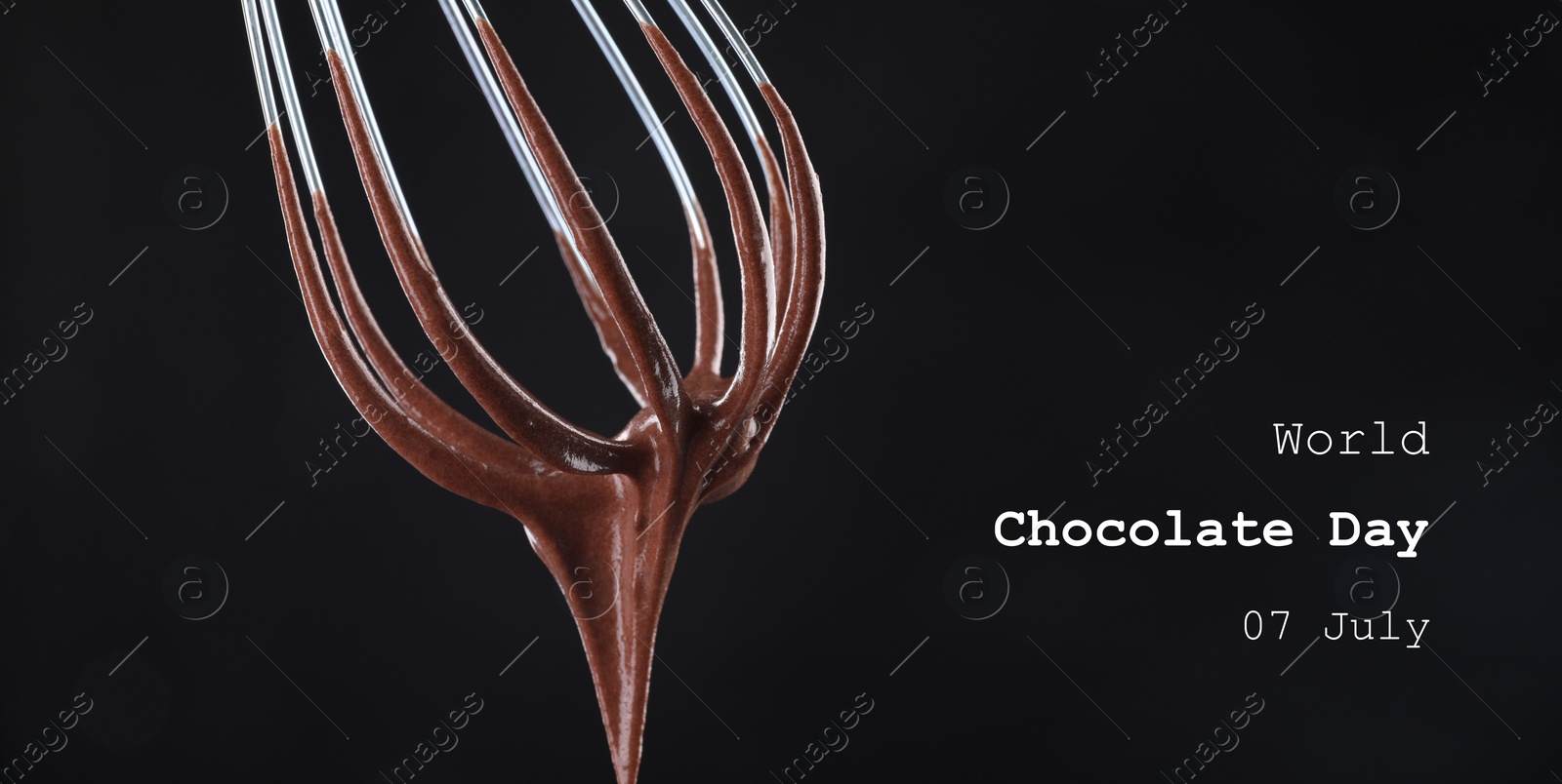 Image of World Chocolate Day - July 7. Whisk with yummy chocolate cream on black background, closeup. Banner design