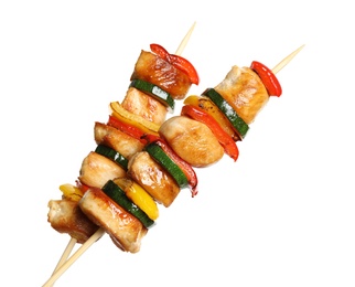 Photo of Delicious chicken shish kebabs with vegetables on white background