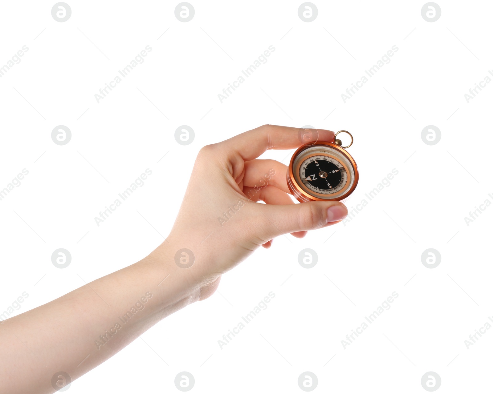 Photo of Woman holding compass on white background, closeup