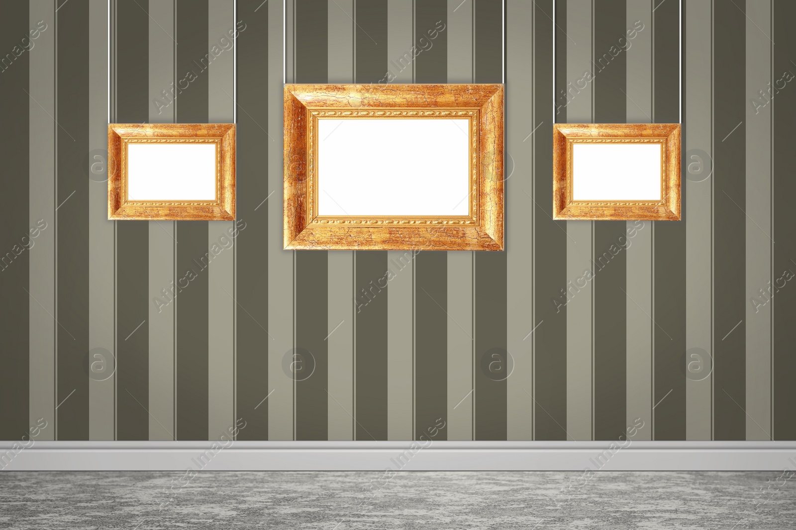 Image of Frames with empty canvases on wall in modern art gallery. Space for design