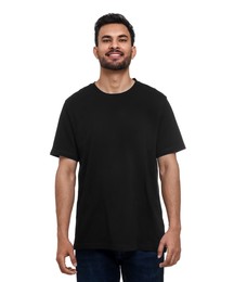Photo of Smiling man in black t-shirt on white background