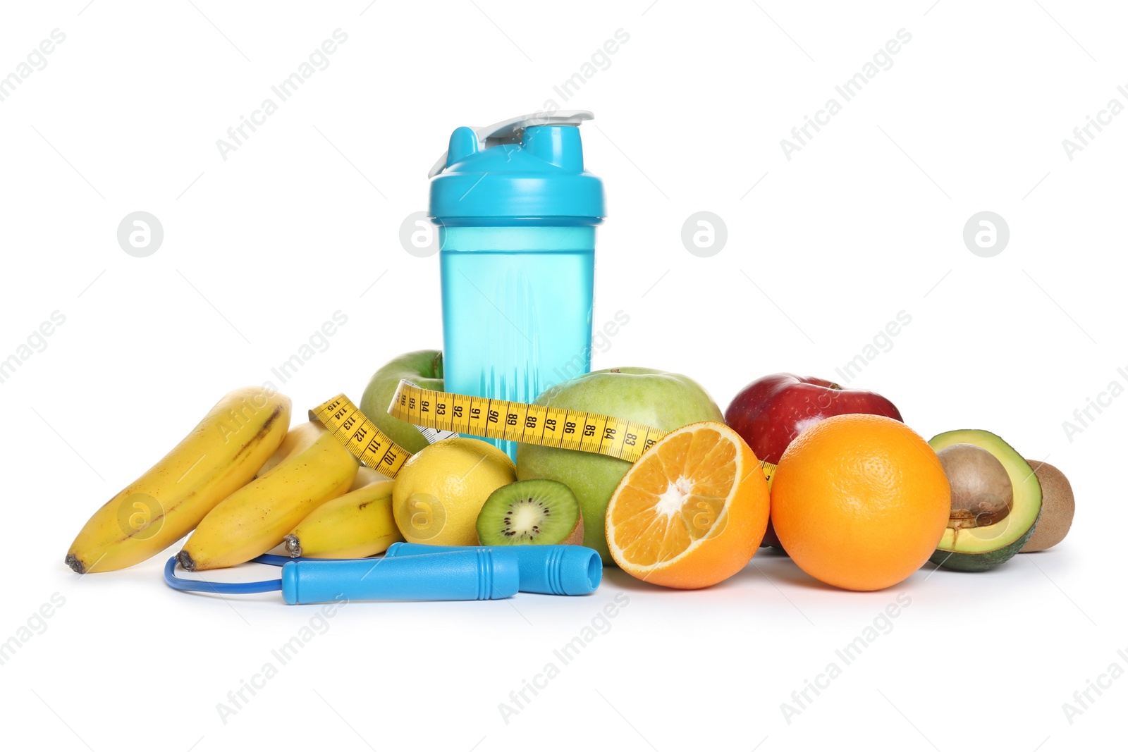 Photo of Healthy food, measuring tape and skipping rope on white background. Concept of weight loss