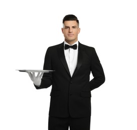 Photo of Elegant butler holding silver tray isolated on white
