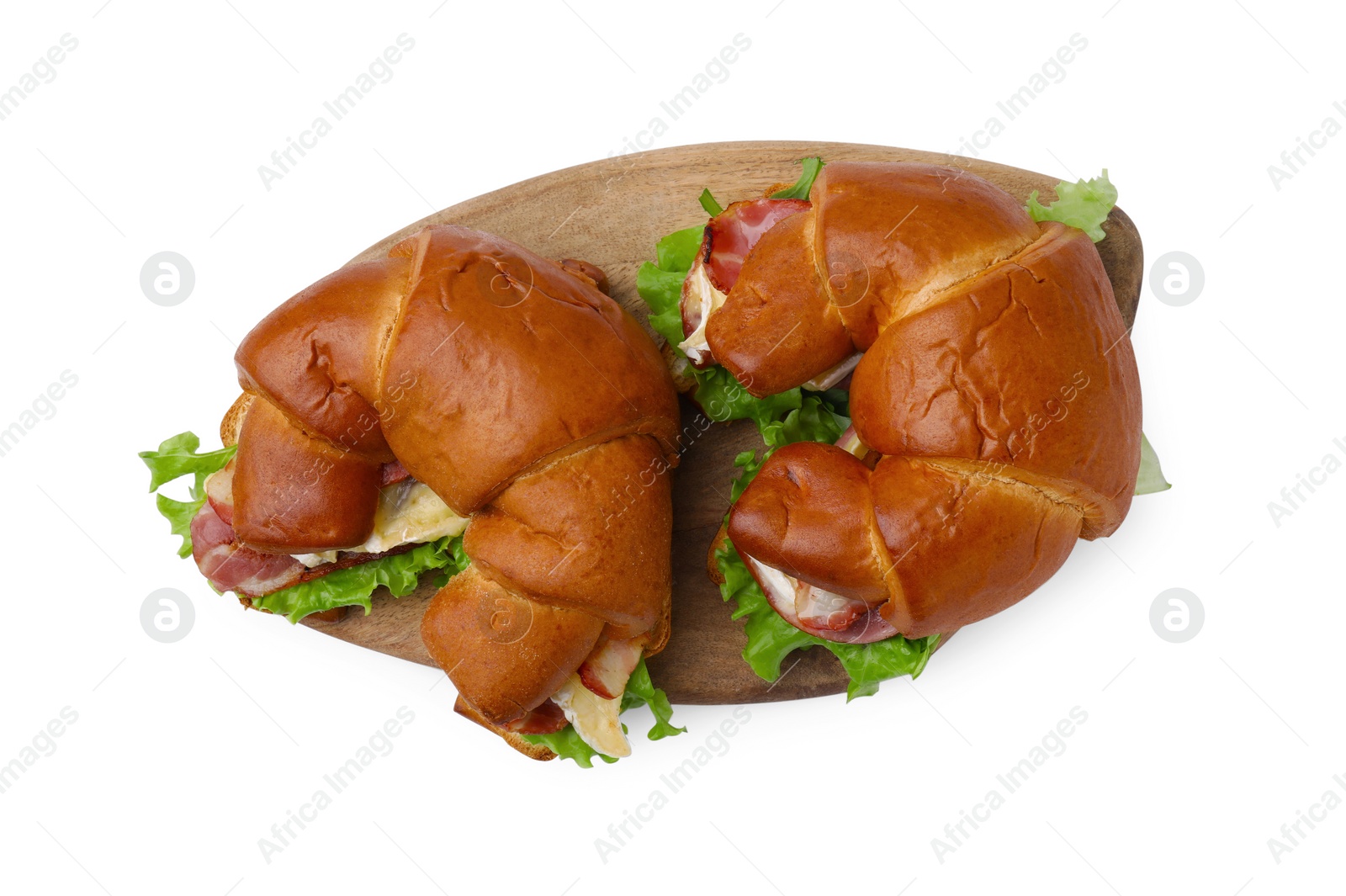 Photo of Tasty crescent rolls with brie cheese and bacon isolated on white, top view