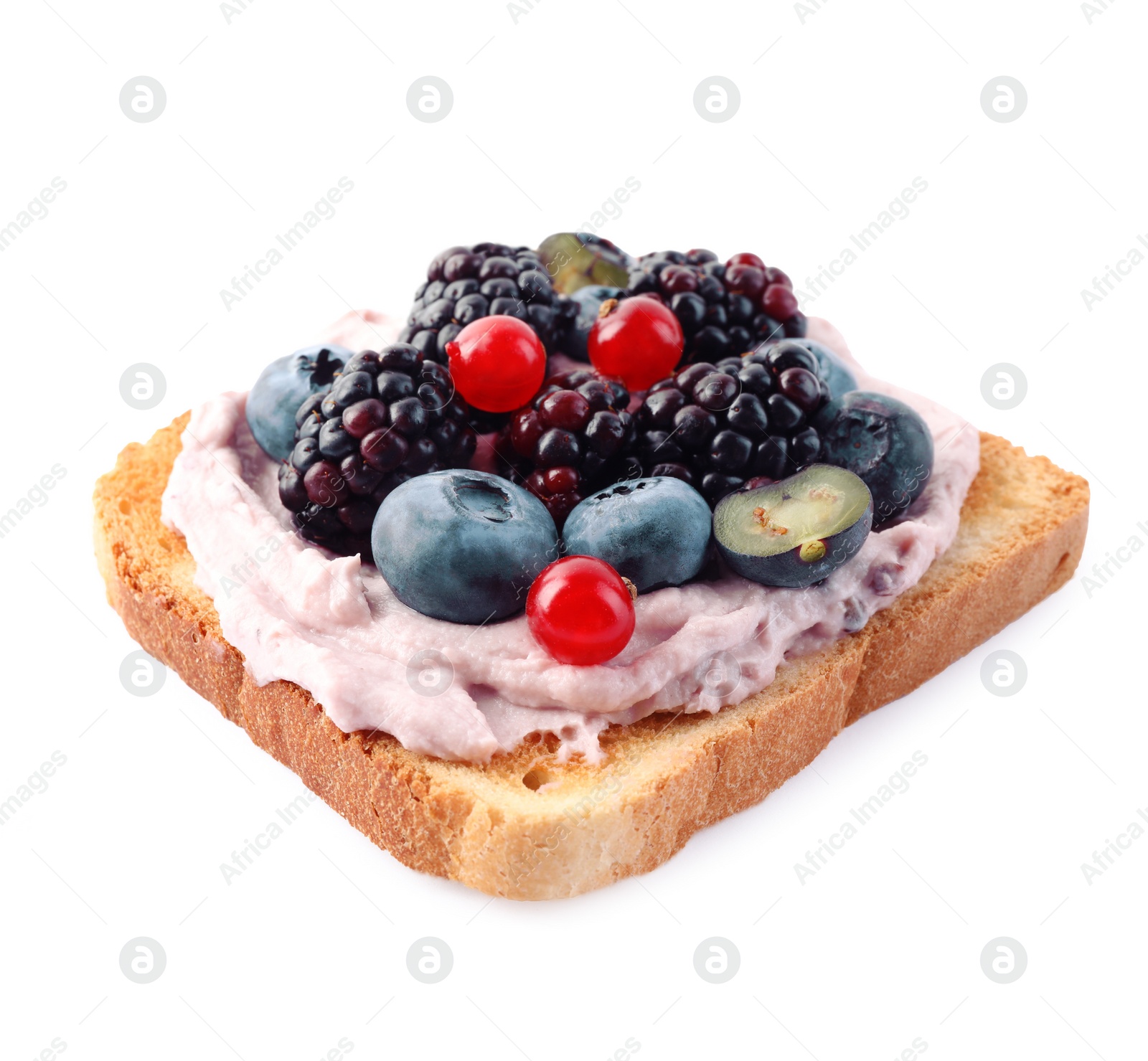 Photo of Tasty sandwiches with cream cheese and berries isolated on white