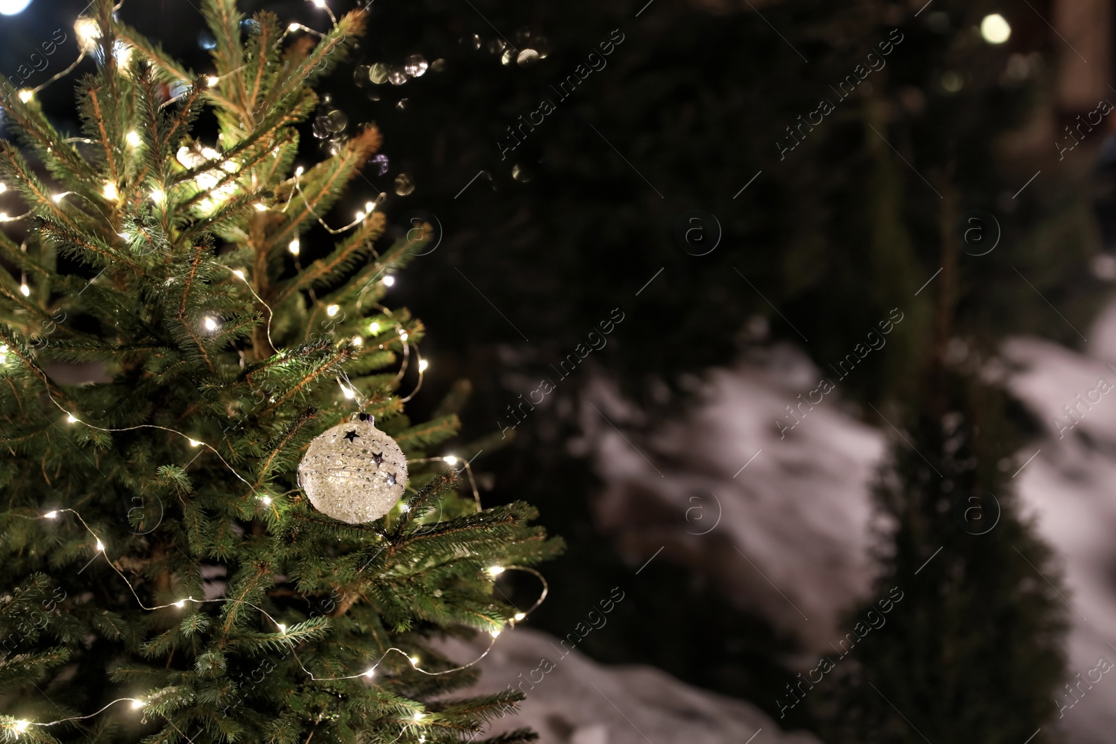 Photo of Beautiful conifer tree with glowing Christmas lights and ball outdoors, space for text. Winter holiday