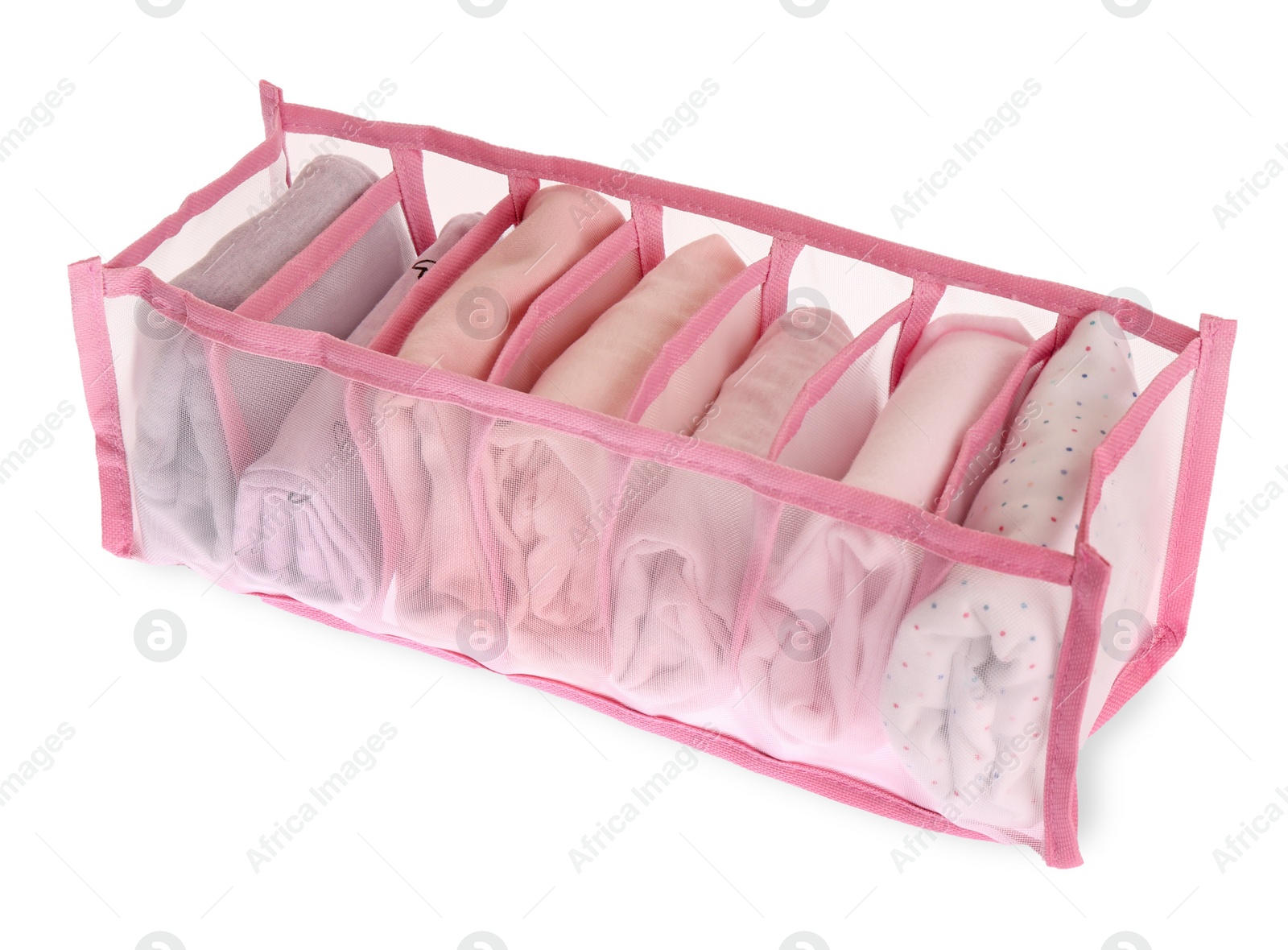 Photo of Transparent organizer with folded clothes isolated on white