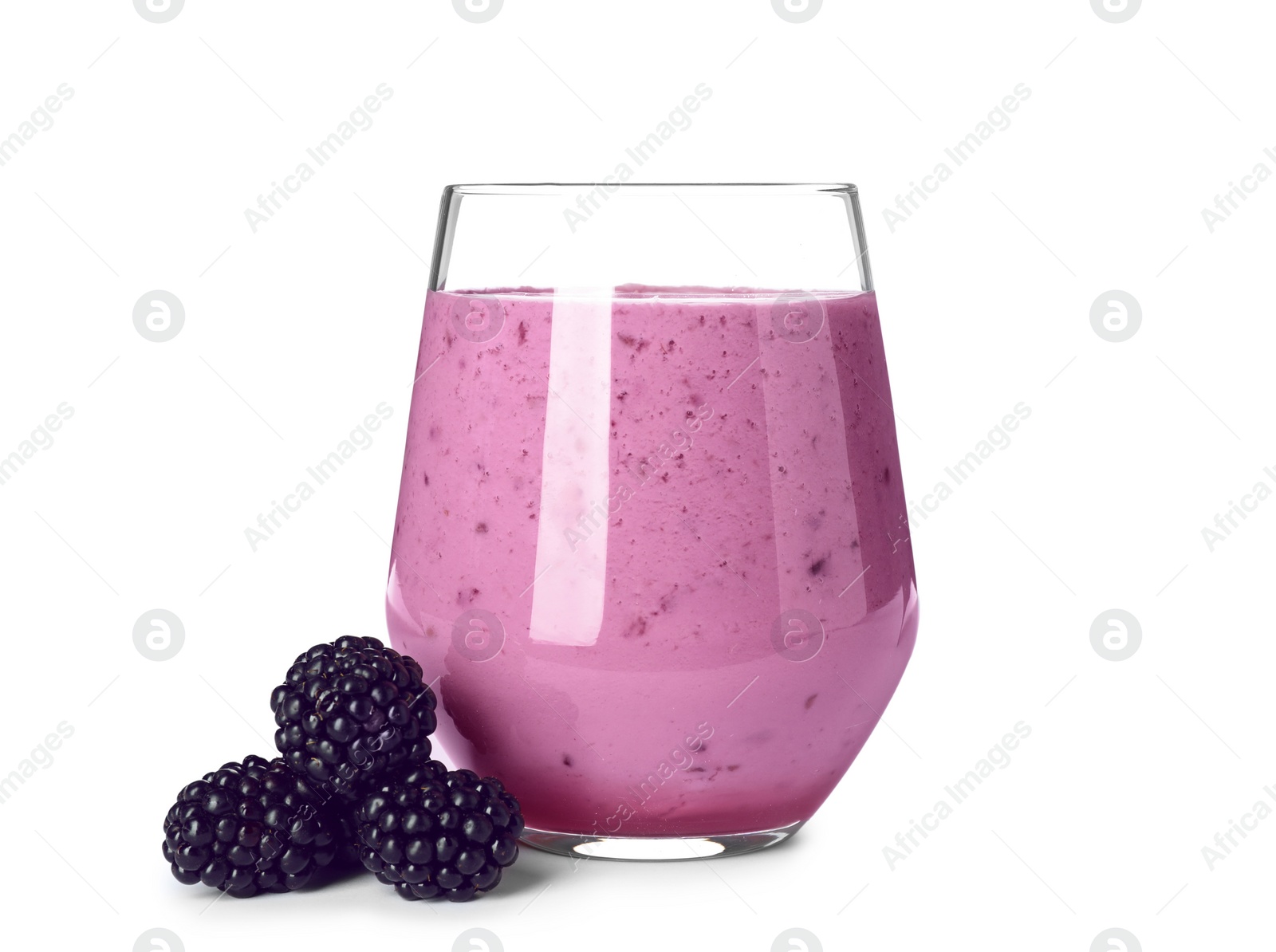 Photo of Glass with blackberry yogurt smoothie on white background