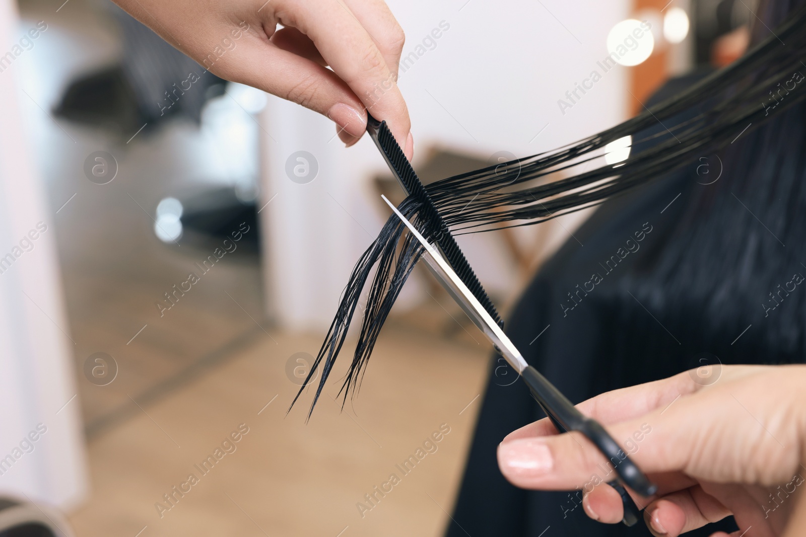 Photo of Professional hairdresser cutting woman's hair in beauty salon, closeup