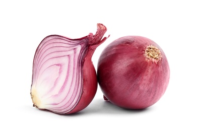 Ripe red onions on white background