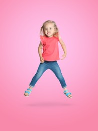 Happy cute girl jumping on color gradient background