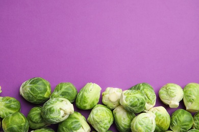 Photo of Fresh Brussels sprouts on purple background, flat lay. Space for text