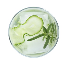 Photo of Glass of refreshing cucumber lemonade and rosemary on white background, top view. Summer drink