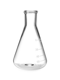 Photo of One empty laboratory flask isolated on white