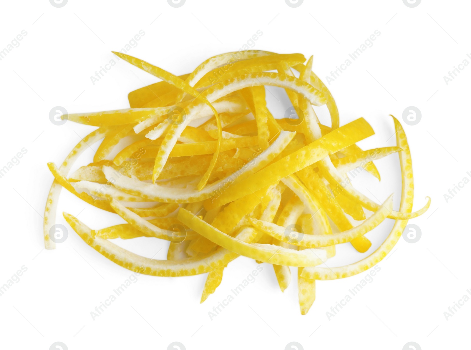 Photo of Pieces of fresh lemon peel on white background, top view. Citrus zest