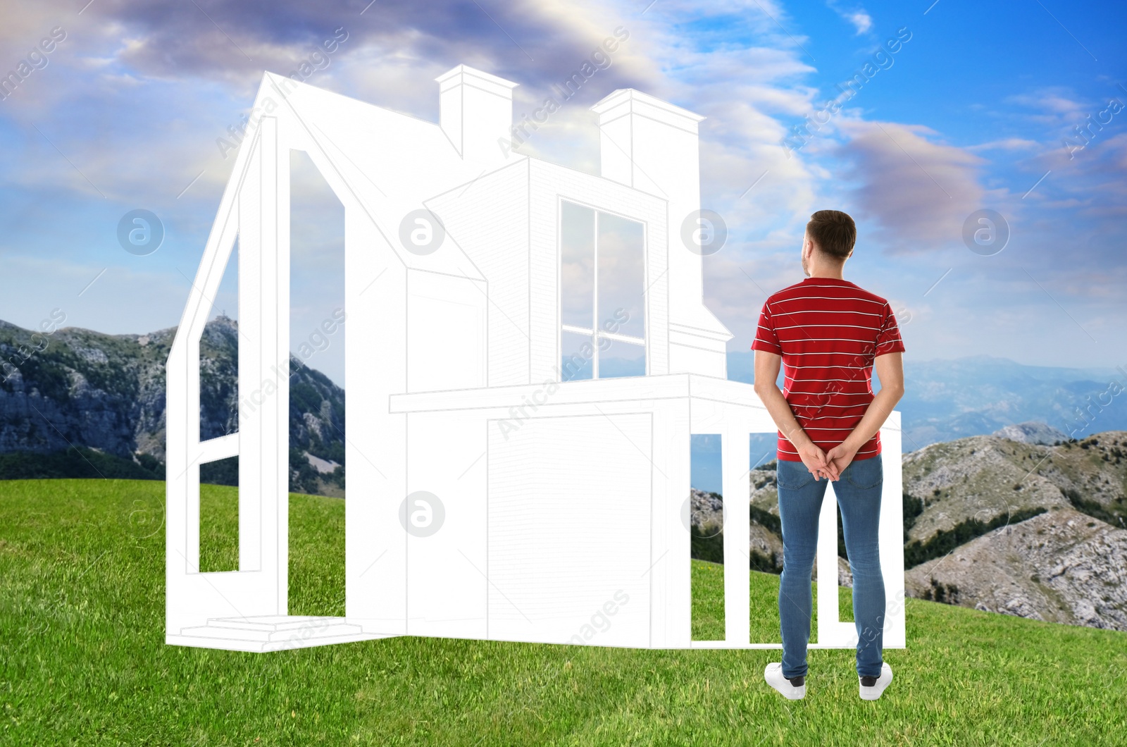 Image of Man dreaming about future house. Landscape with building illustration