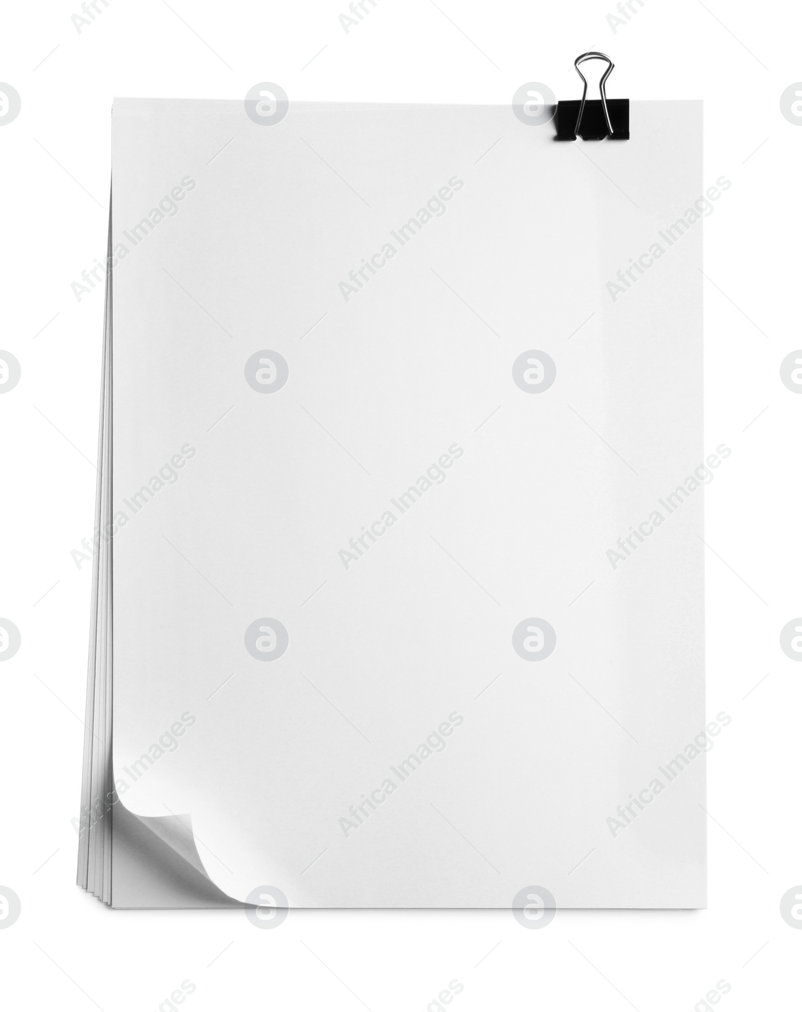 Photo of Blank sheets of paper with binder clip on white background, top view