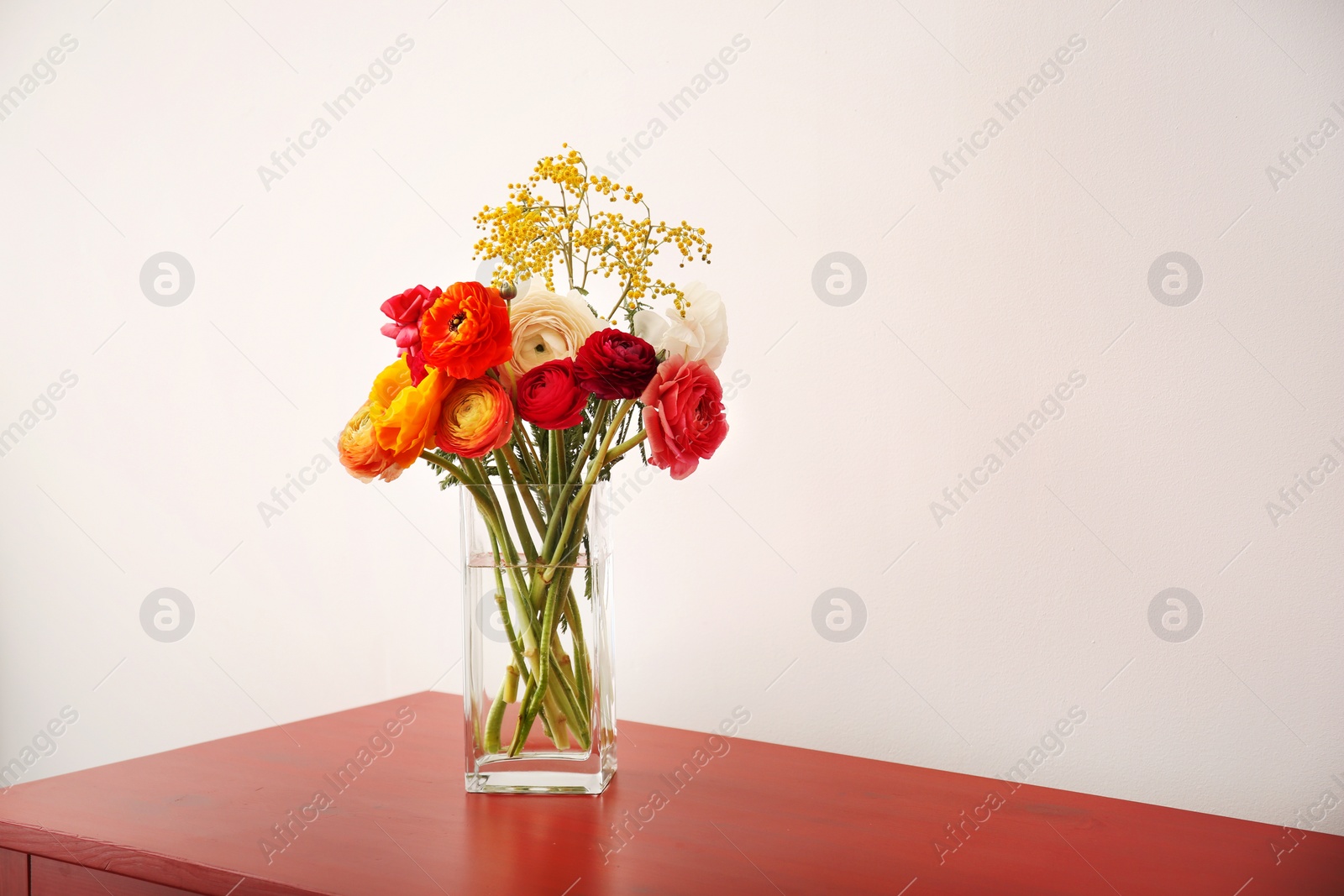 Photo of Vase with beautiful ranunculus flowers on table indoors