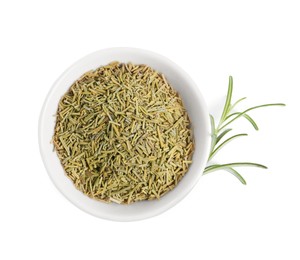 Bowl with fresh and dry rosemary isolated on white, top view