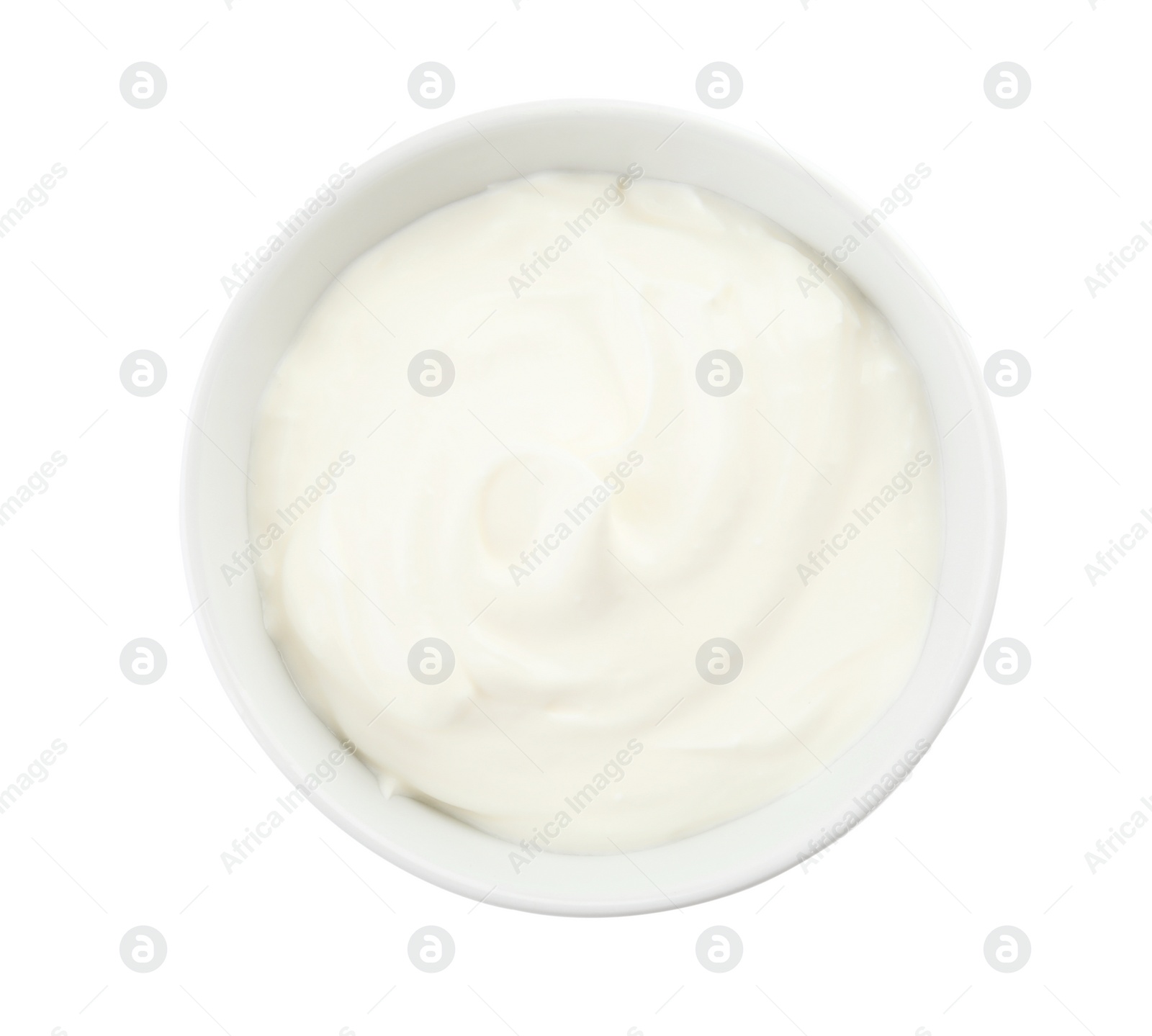 Photo of Bowl with sour cream on white background, top view