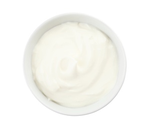 Photo of Bowl with sour cream on white background, top view