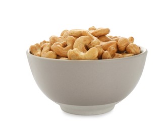 Photo of Bowl of tasty organic cashew nuts isolated on white